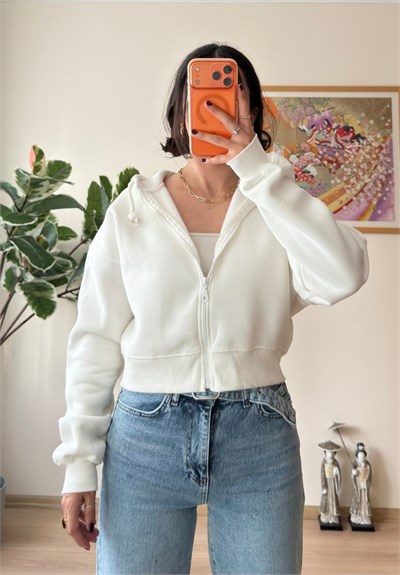 Yuki Kapşonlu Fermuarlı Kısa Sweatshirt Beyaz