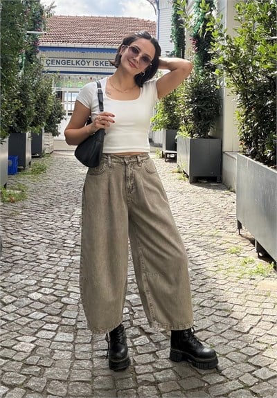 Yüksek Bel Baggy Jean Olive