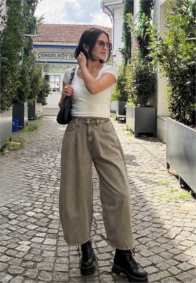 Yüksek Bel Baggy Jean Olive