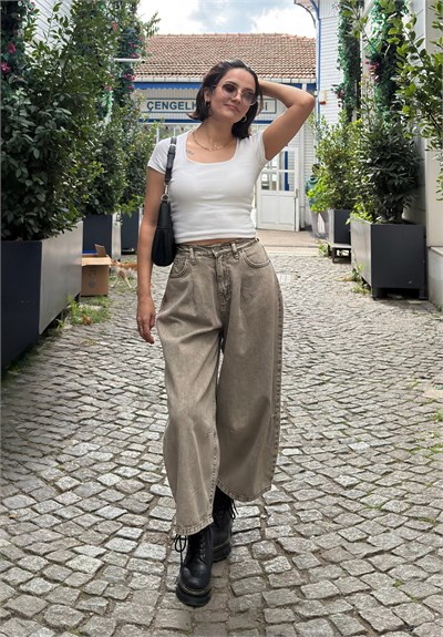 Yüksek Bel Baggy Jean Olive