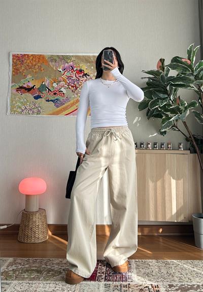Yüksek Bel Gabardin Pantolon Bej