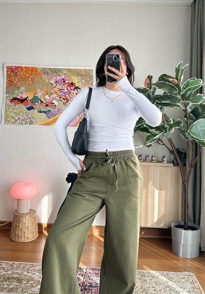 Yüksek Bel Gabardin Pantolon Haki