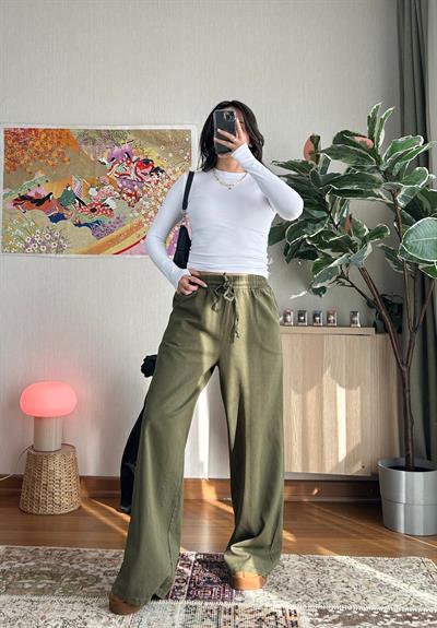 Yüksek Bel Gabardin Pantolon Haki