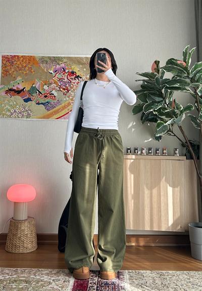 Yüksek Bel Gabardin Pantolon Haki