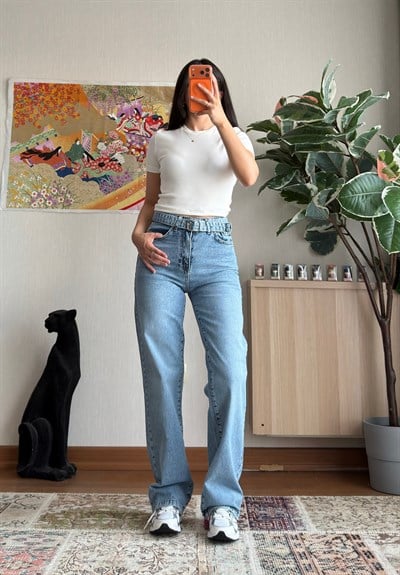 Yusina Kemer Detaylı Jean Mavi