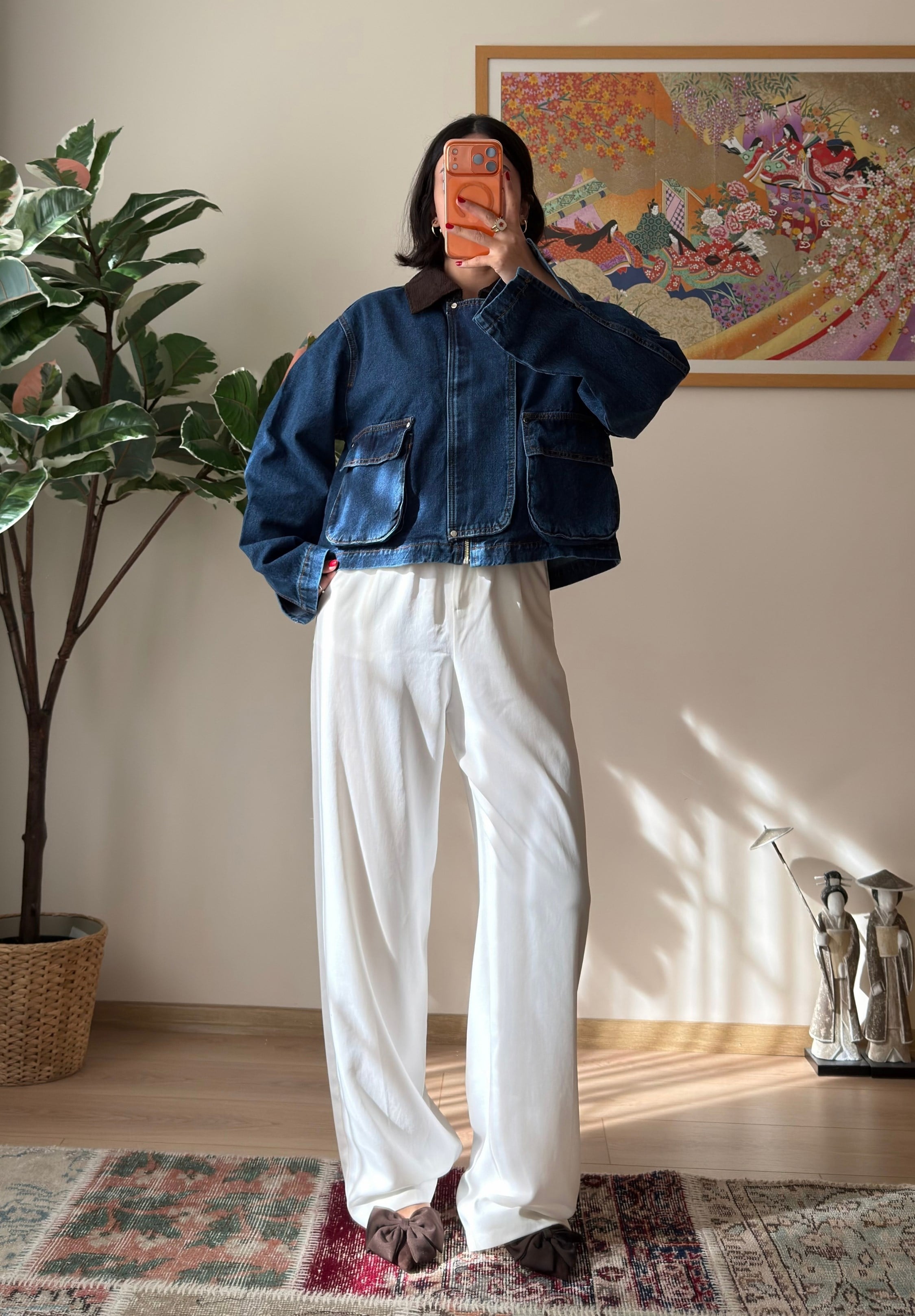Yeni Sezon Kadife Yaka Çift Cepli Oversize Denim Ceket | Miyuko.co