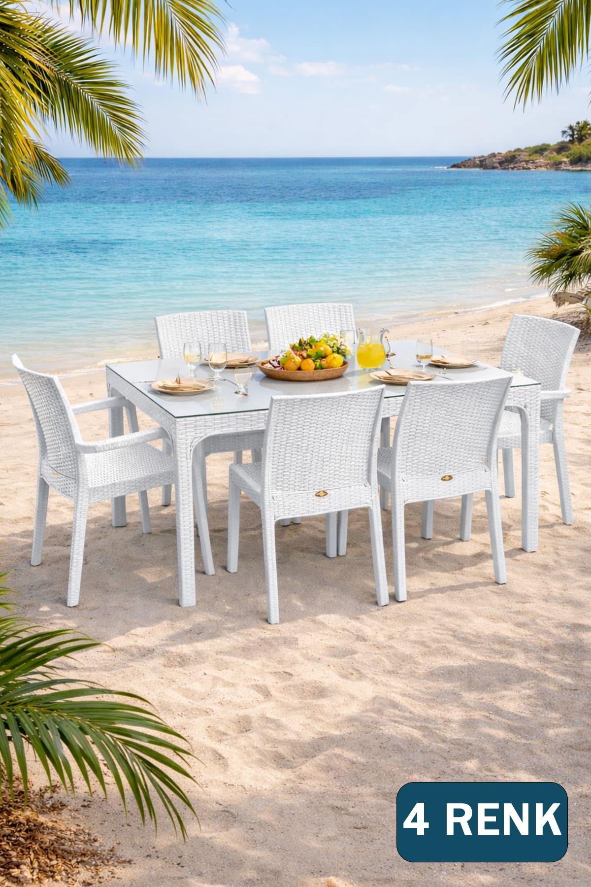 Holiday HM725 Rattan Camlı 80x140 Masa + 4 Adet HK710 Deluxe