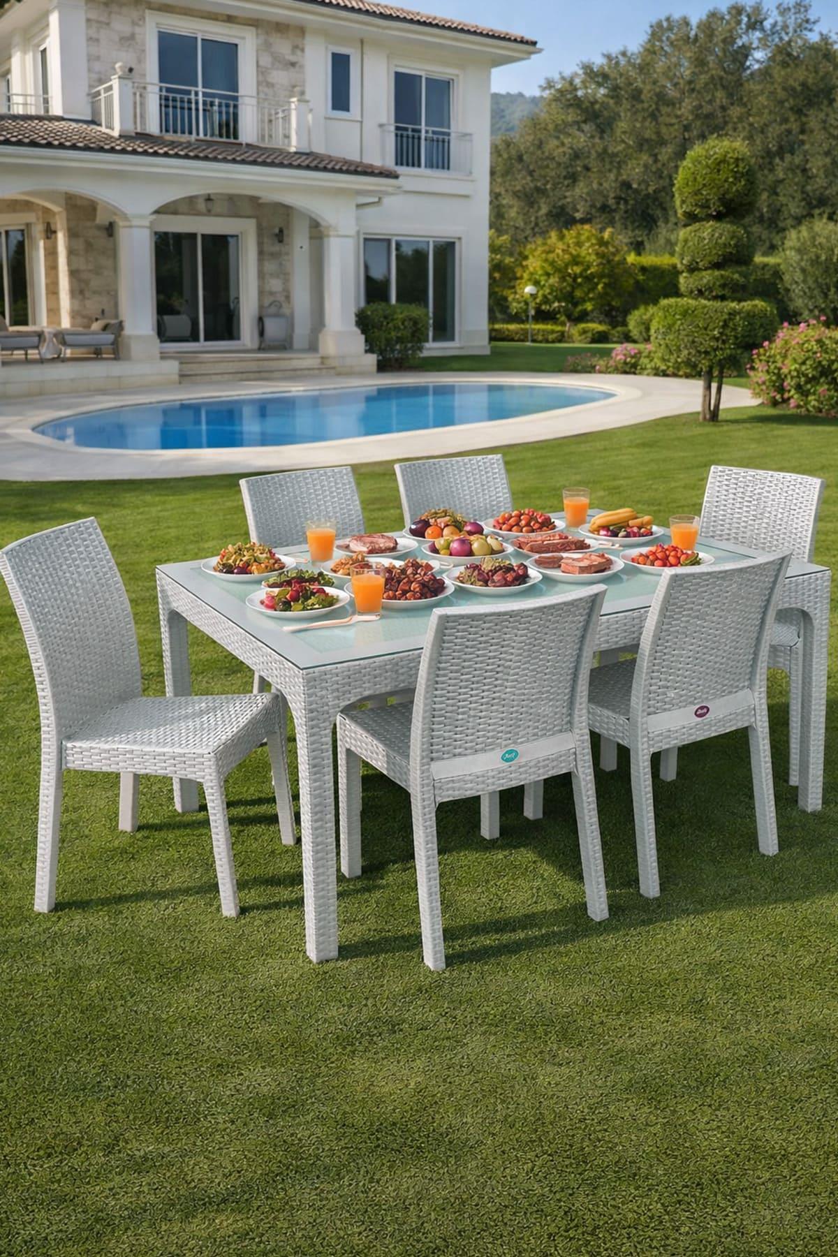 Holiday HM725 Rattan Camlı 80x140 Masa + 6 Adet HK710 Deluxe