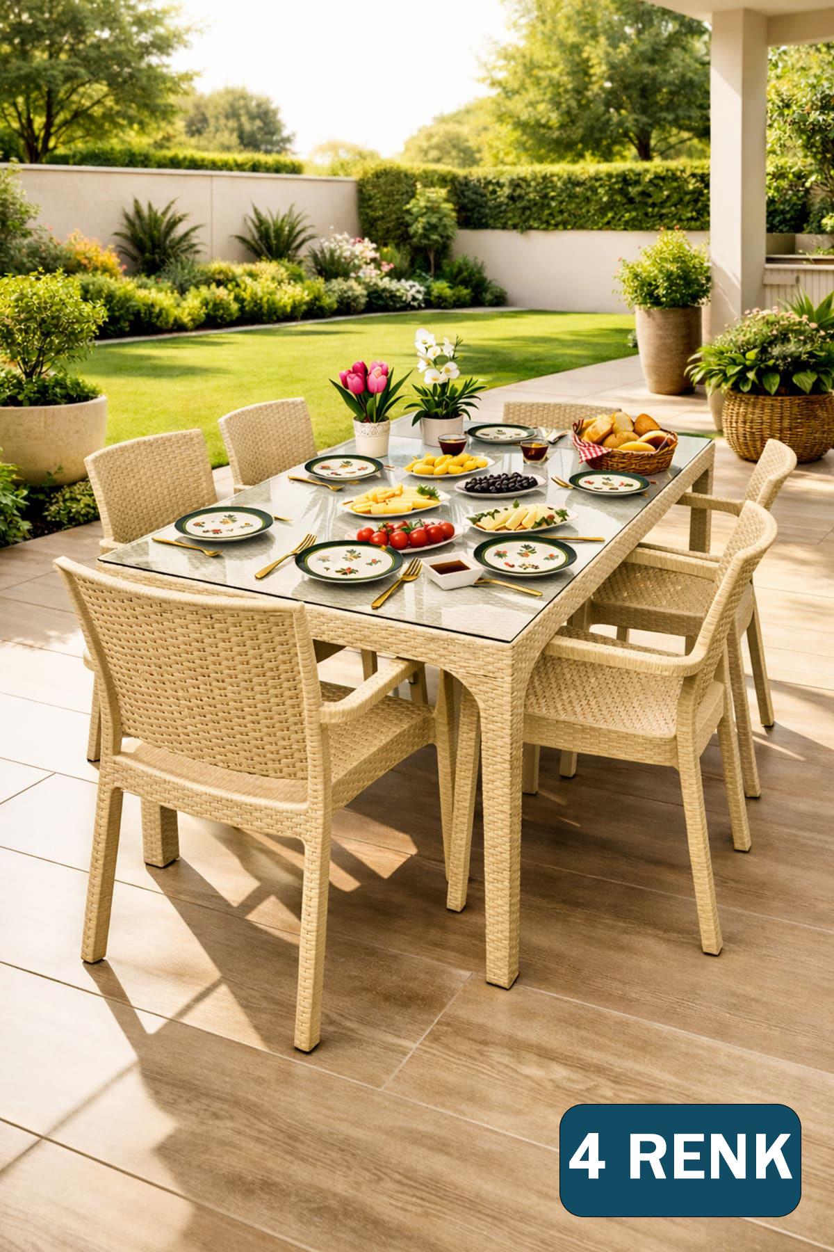 Holiday HM725 Rattan Camlı 80x140 Masa + 6 Adet HK700 Markiz
