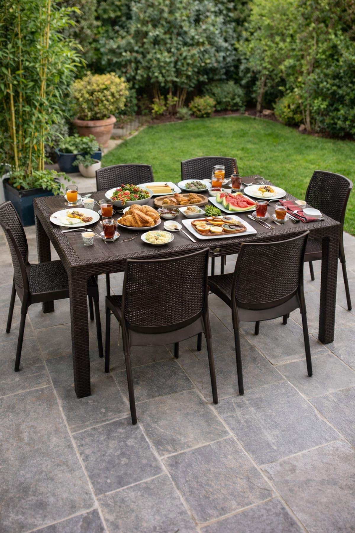 Alezy Rattan Camsız 90x150 Masa + 6 Adet Sunny Sandalye | ID1476