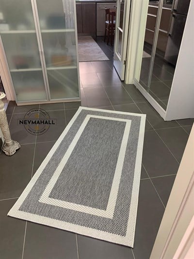Çift Çerçeve Detaylı Yumuşak Sisal Halı Gri-Krem