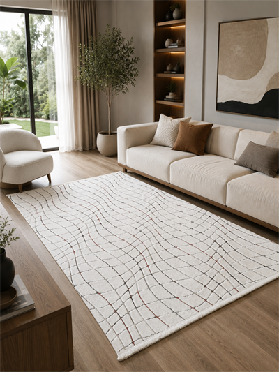 Yumuşak Dokulu Kaymaz Taban Sunset Serisi Krem Dalgalı Geometrik Desenli Kabartmalı Makine Halısı SNS1171