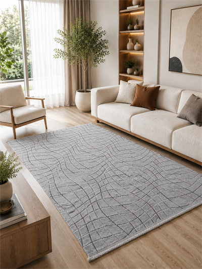 Yumuşak Dokulu Kaymaz Taban Sunset Serisi Gri Dalgalı Geometrik Desenli Kabartmalı Makine Halısı SNS1171