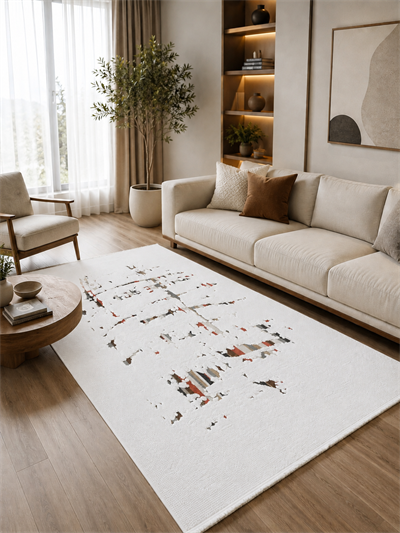 Yumuşak Dokulu Kaymaz Taban Sunset Serisi Krem Soyut Fırça Desenli Kabartmalı Makine Halısı SNS1170