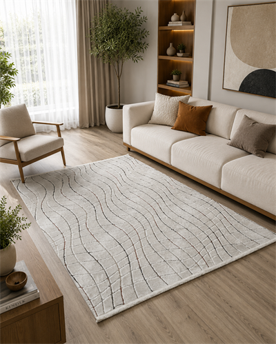Yumuşak Dokulu Kaymaz Taban Sunset Serisi Bej Dalgalı Geometrik Desenli Kabartmalı Makine Halısı SNS1171
