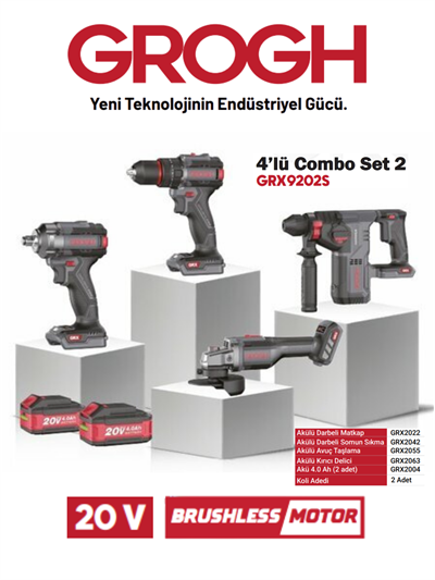 4lü Combo Akülü Şarjlı Matkap Taşlama Seti 20V Set 2(BRUSHLESS MOTOR)(GRX9202S)