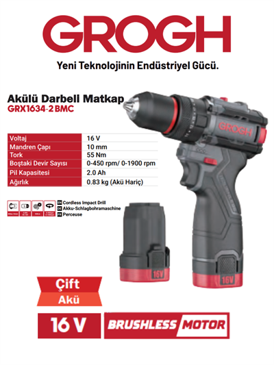 Akülü Şarjlı Matkap 16V 2Ah Darbeli Delme Vidalama Matkap(BRUSHLESS MOTOR)(GRX1634-2 BMC)