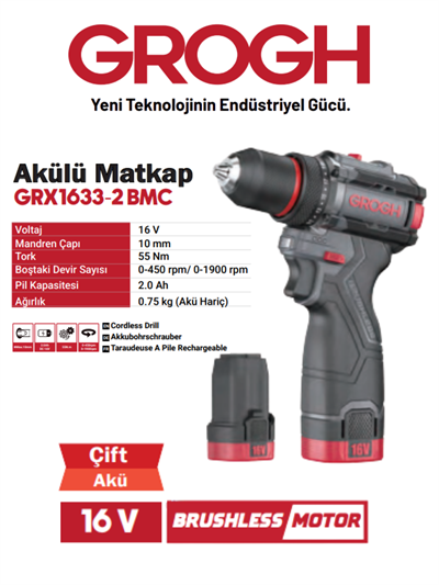 Akülü Şarjlı Matkap 16V 2Ah Delme Vidalama Matkap(BRUSHLESS MOTOR)(GRX1634-2 BMC)