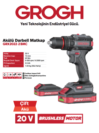 Akülü Şarjlı Matkap 20V 2Ah Darbeli Delme Vidalama Matkap(BRUSHLESS MOTOR)(GRX2022-2 BMC)