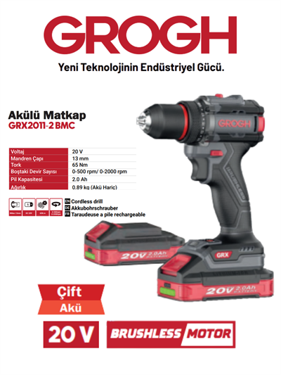 Akülü Şarjlı Matkap 20V 2Ah Delme Vidalama Matkap(BRUSHLESS MOTOR)(GRX2011-2 BMC)