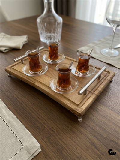 Doğal Ahşap Ayaklı Şık Tasarım Servis Tepsisi Paslanmaz Kulplu Ayaklı Tepsi(KAYIN)