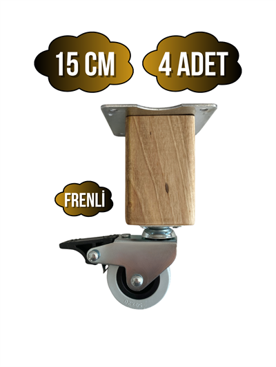 Kale Ahşap Tekerli Ayak Mobilya Masa Dolap Tekerli Ayağı(FRENLİ)(12CM - 15CM)(CEVİZ AĞACI)