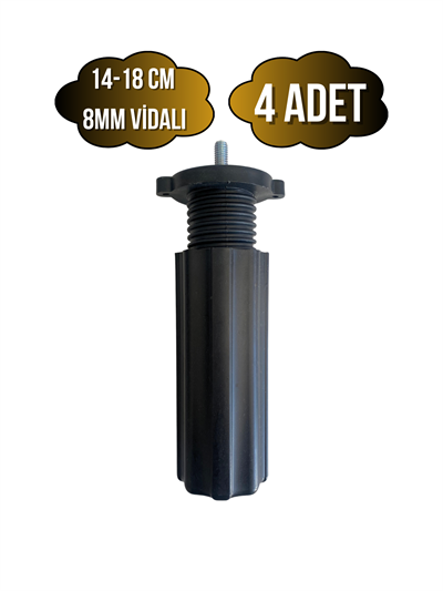 Siyah 14-18cm Ayarlı Plastik Orta Ayak Mobilya Masa ve Dolap Ayağı(14-18CM)(SİYAH)(8MM VİDALI)