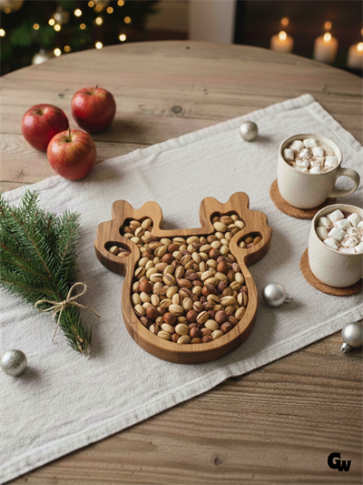 Yılbaşı Sunum Tabağı Noel Geyik Doğal Ahşap Çerez Tabağı(KAYIN / GÜRGEN)