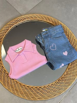 2-10 Yaş Pembe Kalp Detaylı Pantolon & Yaka Detaylı Body