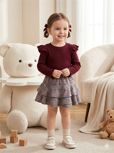 2-8 Yaş Bordo Fırfır Kol Body & Gri Fırfır Detaylı Etek Kombin