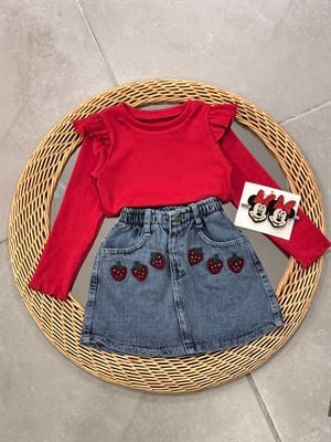 2-8 Yaş Kırmızı Fırfır Kol Body & Çilek Jean Etek ( Toka Hediyeli )