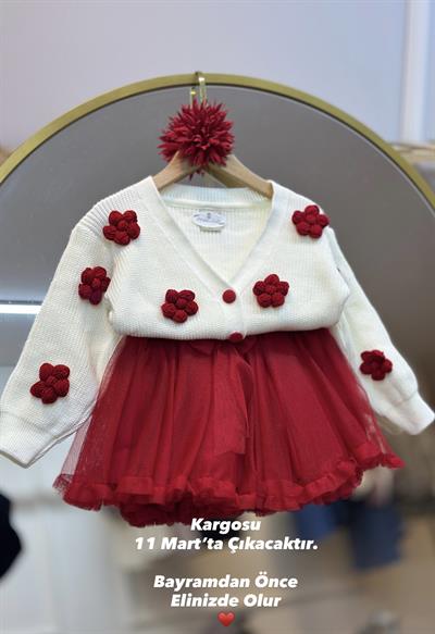 2-8 Yaş Kırmızı Örgü Çiçek Hırka & Kırmızı Tütü Etek Kombin (Toka Hediyeli )