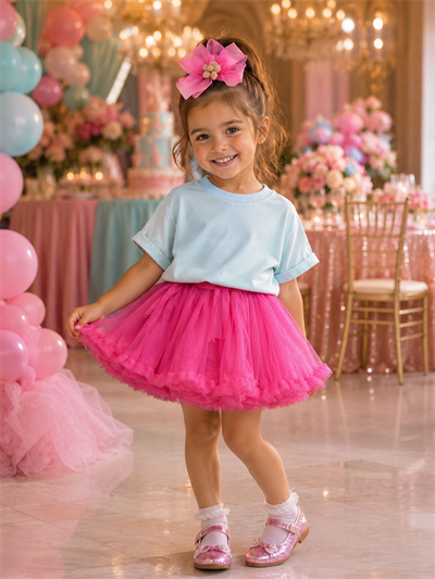 2-8 Yaş Turkuaz Oversize Tişört & Şeker Pembe Tütü Etek