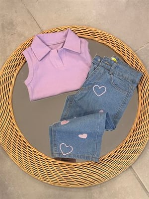 3-10 Yaş Lila Yaka Detaylı Body & Kalp Detaylı Jean Pantolon