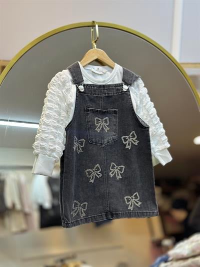 3-7 Yaş Bürümcük Kollu Bluz & Antrasit Taş Detaylı Fiyonk Salopet Elbise