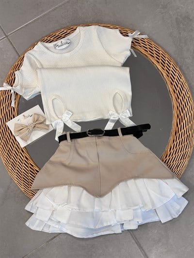 4-12 Yaş Ekru Body & Bej Kemer Detaylı Etek ( Toka Hediyeli )