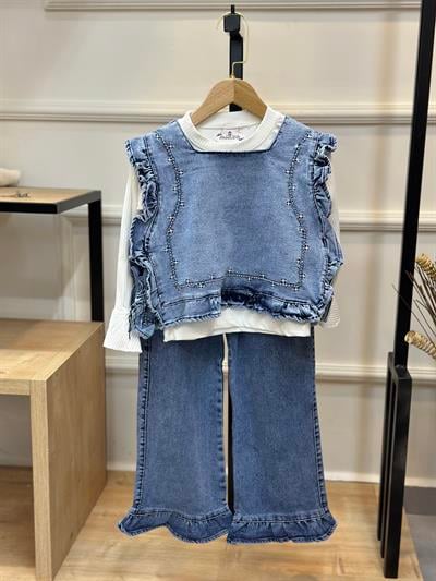 5-8 Yaş 3'lü İspanyol Kol Bluz & Paça Detaylı Jean Kombin