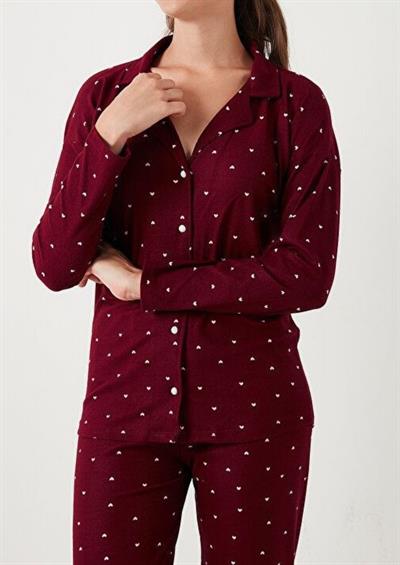 Kadın Bordo Kalpli Uzun Kollu Düğmeli Pijama Takımı