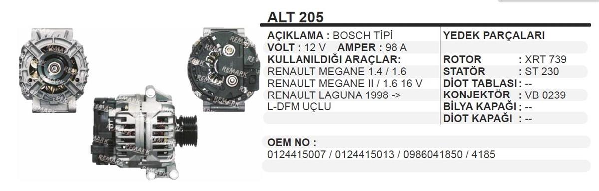 Alternatör 12V 100AH Renault Megane Laguna ALT205 | MARTEK ALT205