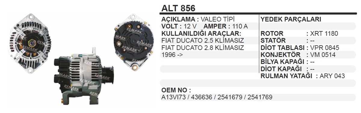 Alternatör 12V 110AH Fiat Ducato 2,5 2.8 Fiat Klimasız | AES ALT856