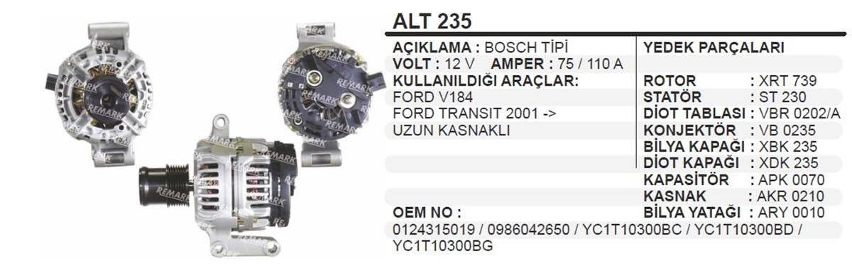 Alternatör 12v 110ah Ford Transit Minibüs Alt235 124325100 | Aes Alt235