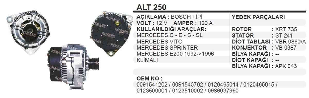 Alternatör 12v 120ah Mercedes Sprinter E200 Vito Uwa3597 | Ithal T250