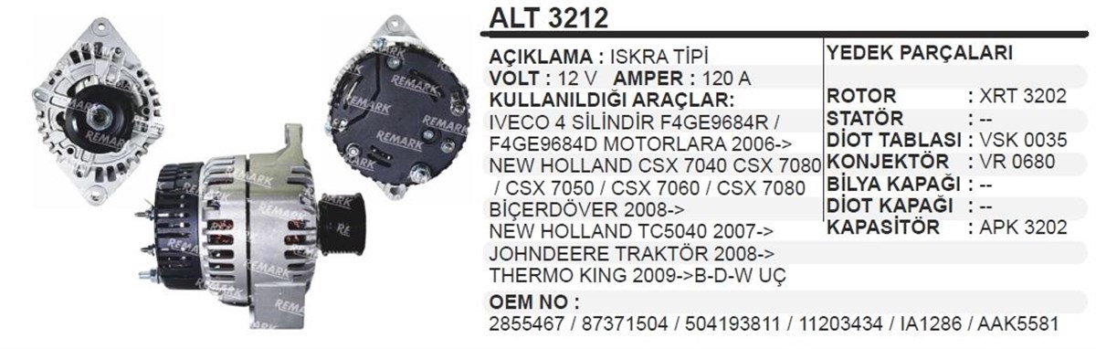 Alternatör 12V 120AH New Holland/ıveco 2 Kulak Biri Kalın Biçer Döver | WINWIN ALT3212
