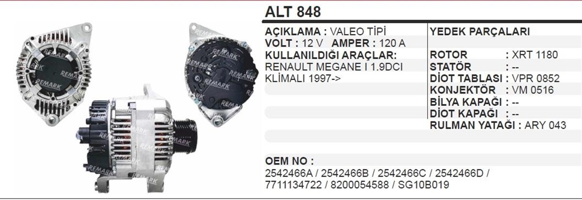 Alternatör 12v 120ah Reno Megan I 1.9 Dcı Klımalı 97->grandtour Eco Scenıc 1.9dci Dogan Slx Eğri Ayak Uyumlu Megan1 Slx Uyumlu | Remark Alt848