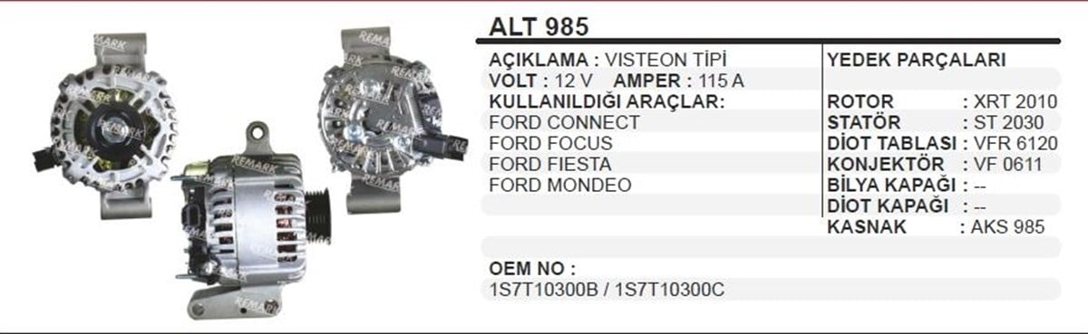 Alternatör 12v 124ah Ford Mondeo Transit Em Ford Mondeo Iıı Jaguar Xtype 1,8 2,0 Kasnaklı 3pın Fr Lı Rc A | Ithal T985