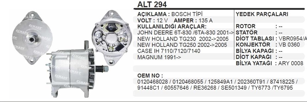 Alternatör 12V 135A Bosch Tipi Johndere New Holland-case 02-05 TC56-TG230 Biçerdöver | AES ALT294