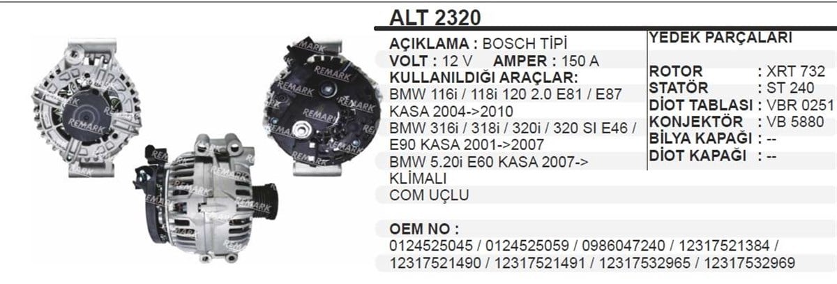 Alternatör 12v 150ah Bmw Benzinli Alt2320 | Ithal T2320