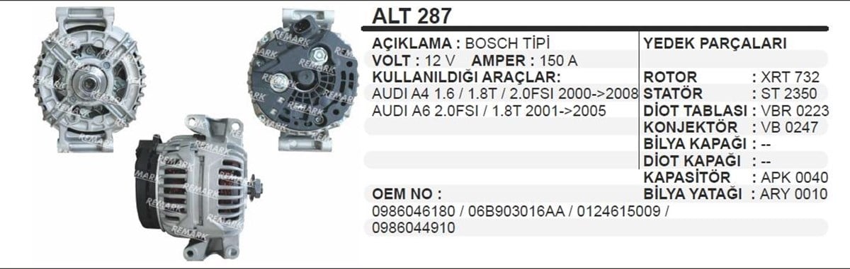 Alternatör 12v 150ah Vw Audi Passat Audı A4 A6 1.6 1.8 01 05 Alt287 | Ithal T287