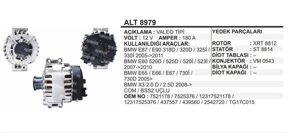 Alternatör 12v 180ah Bmw E87 E90 318d 320d 325i 330i E60 520d 525d 523i E65 E66 E67 730i 730d X3 | Remark Alt8979
