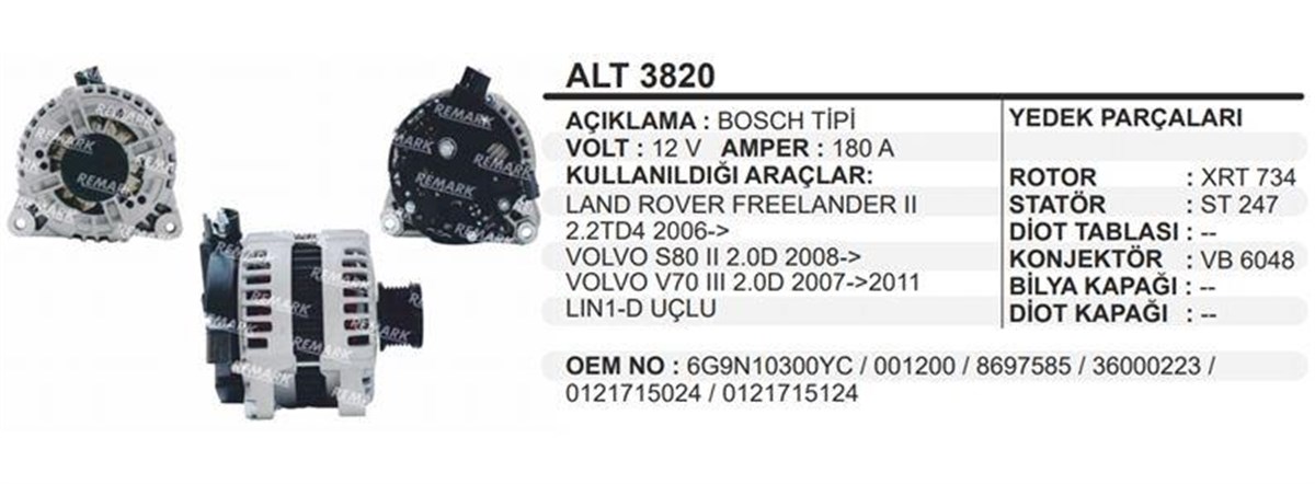 Alternatör 12v 180ah Land Rover Freelander Volvo S80 06-ford Mondeo | Remark Alt3820